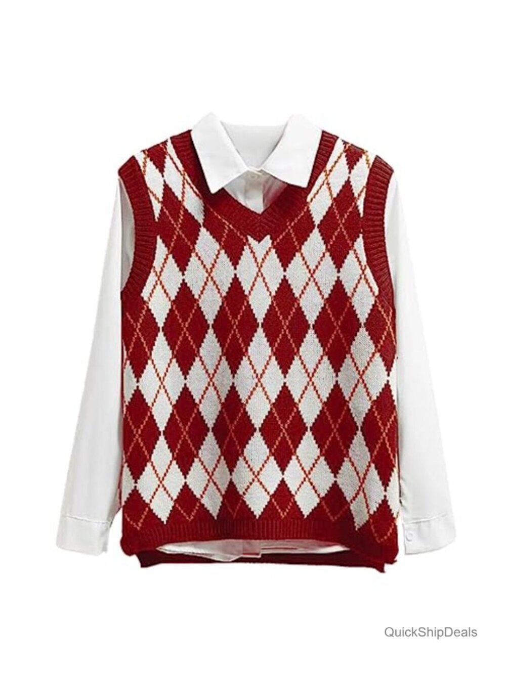 Sleeveless V-Neck Argyle Plaid Sweater Vest Preppy Loose Knit